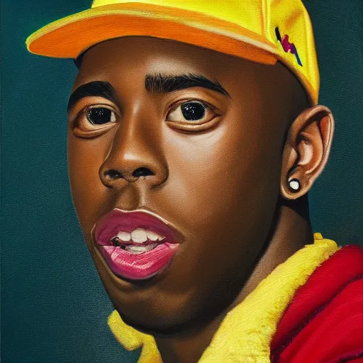 Image similar to an oil painting portrait of Tyler the Creator