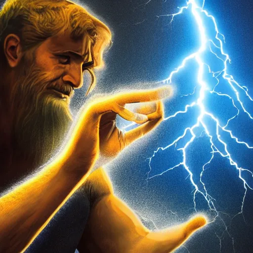 Prompt: zeus with his hand in the air calling down a lighting strike, 8k super detailed, highly detailed, ultra hd, professional digital art, artistic, cinematic,