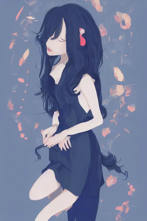Image similar to a platypus with the body of an urban school girl in a gown, dark blue long hair, muted colors, matte print, pastel colors, ornate, digital art, cute smile, digital painting, fan art, elegant, pixiv, by Ilya Kuvshinov, by Studio Ghibli