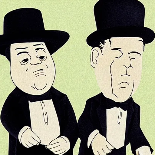 Prompt: high definition portrait of Stan Laurel and Oliver Hardy wearing a bowler hat by Studio Ghibli