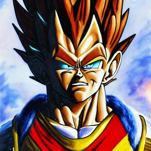 Image similar to an oil painting of a vegeta wearing a christmas hat drawn by frank frazetta, 3 d, cinematic 4 k wallpaper, 8 k, ultra detailed, high resolution, award - winning pencil drawing