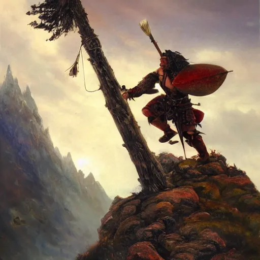 Prompt: painting of a fantasy warrior climbing a mountain