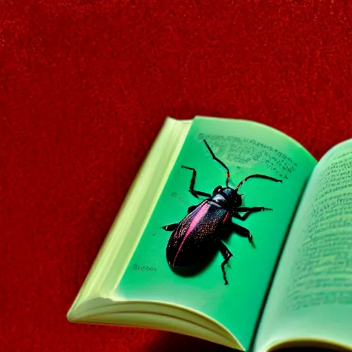 Prompt: Lomography, colorful lighting, bokeh close-up photo of a beetle reading a book