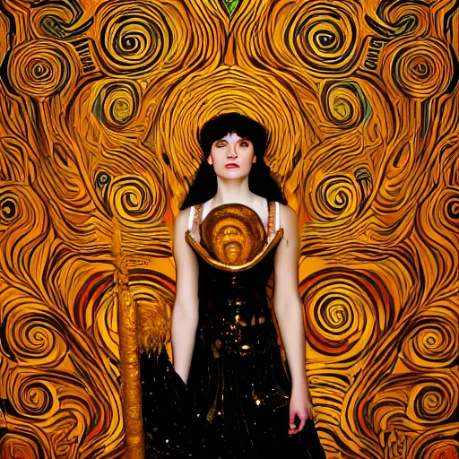 Prompt: a dramatic cinematic portrait photograph of athena influenced by gustav klimt.