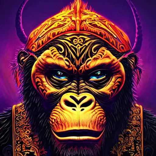 Image similar to barong family member, wiwek, mara demon, one single tribe member, jungle, one single mask, dark, ancient warrior, defiant gorilla, violence blood, satan, diablo, tribal, inner glow, art by dan mumford and justin gerard