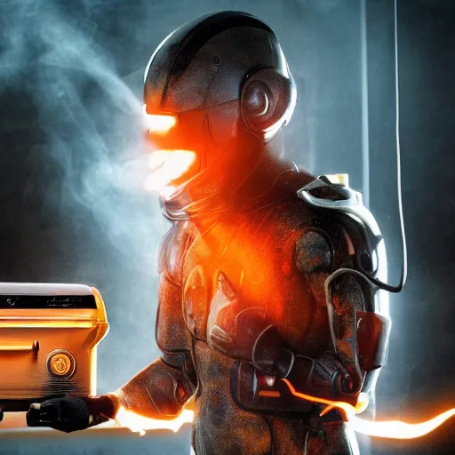 Prompt: cyborg with toaster oven for torso, dark messy smoke - filled cluttered workshop, dark, dramatic lighting, orange tint, sparks, cinematic, highly detailed, sci - fi, futuristic, movie still