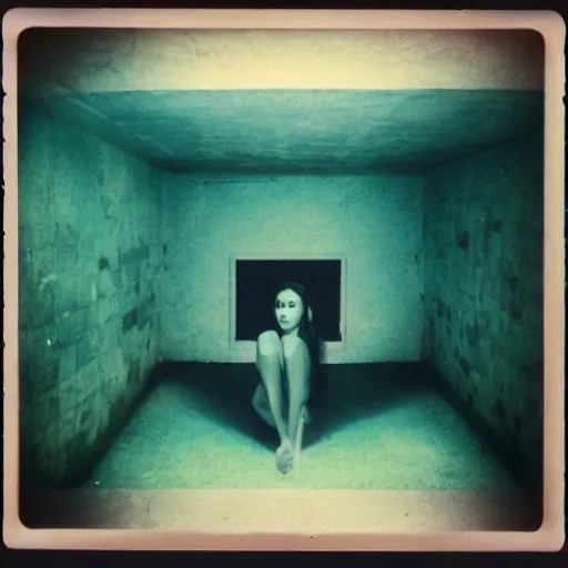 Image similar to underground hotel pool, surreal, polaroid, limimal,