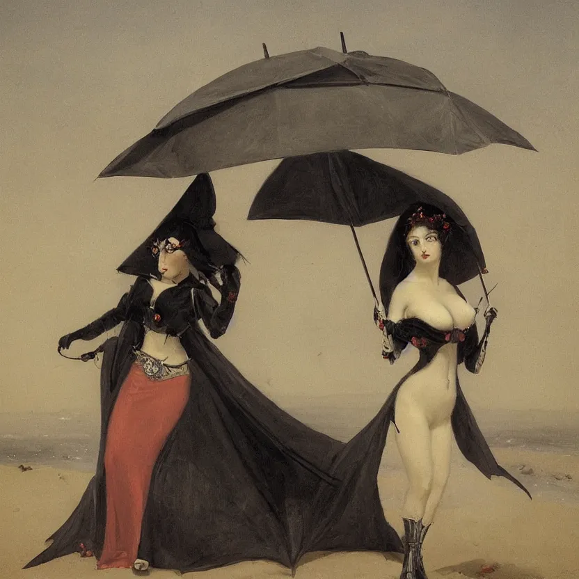 Image similar to portrait of a beautiful and grim vampire queen under a large beach umbrella by William-Adolphe Bouguerea