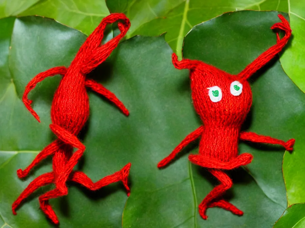 Image similar to a red yarny dancing on a leaf,