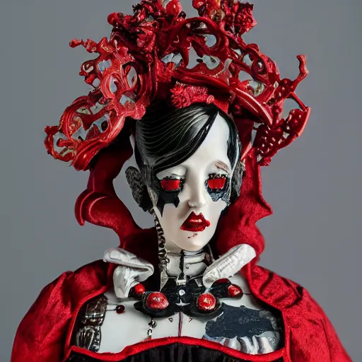 Image similar to red gothic cyborg victorian bizzare porcelain woman with artnouveau garment and ornaments sharp focus 8 k