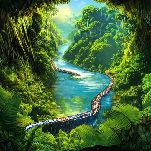 Image similar to amazon river winding through the rainforest, concept art, illustrated, highly detailed, high quality, bright colors, optimistic,