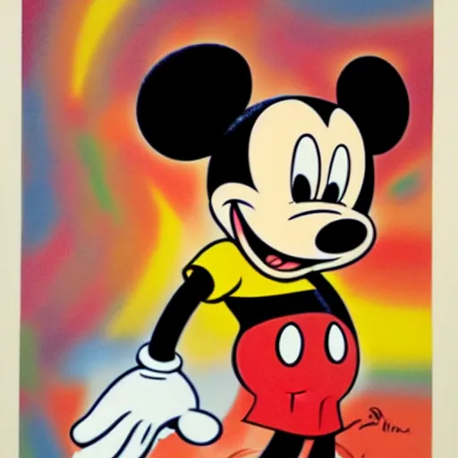 Image similar to mickey mouse on illegal drugs. walt disney original art.