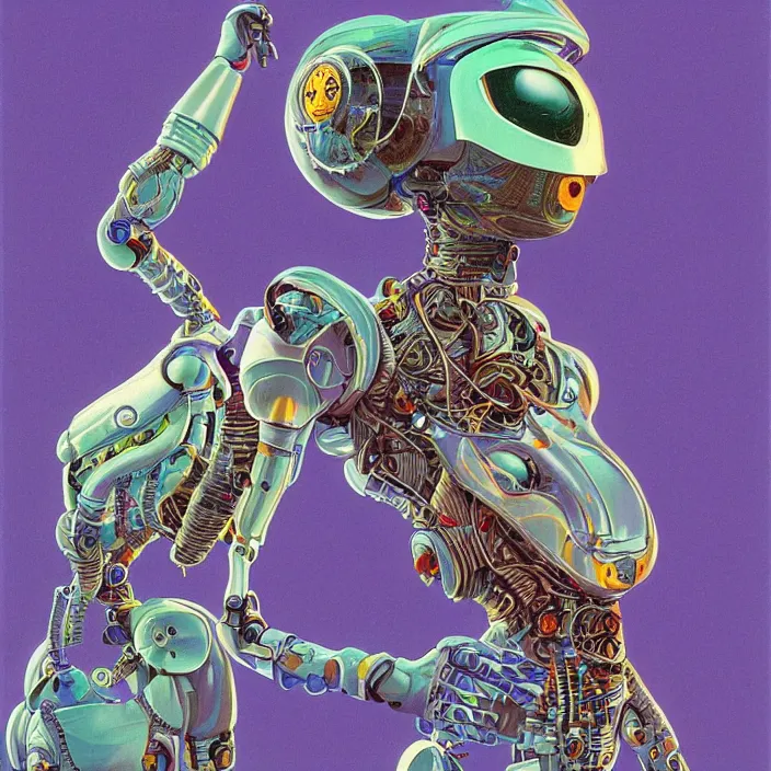 Prompt: quaint robotic lady, extremely detailed, vibrant, intricate, hard light, flat, illustration, digital painting, by roger dean