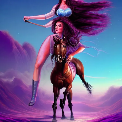 Image similar to painting of a very beautiful woman riding a centaur,, and a purple coloured leather jacket, one side haircut, long brown hair with light blue ends, portrait, hyperdetailed, artstation, cgsociety, synthwave by tangerine dream, by jean - michel jarre, by vangelis, by john carpenter