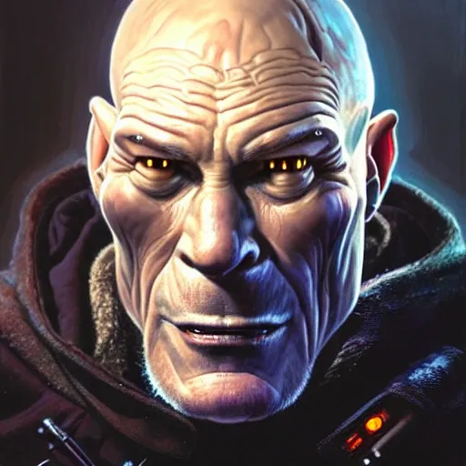 Prompt: portrait painting of a cyberpunk orc doctor who looks like patrick stewart with tusks, shadowrun, ultra realistic, concept art, intricate details, eerie, highly detailed, photorealistic, octane render, 8 k, unreal engine. art by artgerm and greg staples and elsa beskow and brian froud and jessica rossier