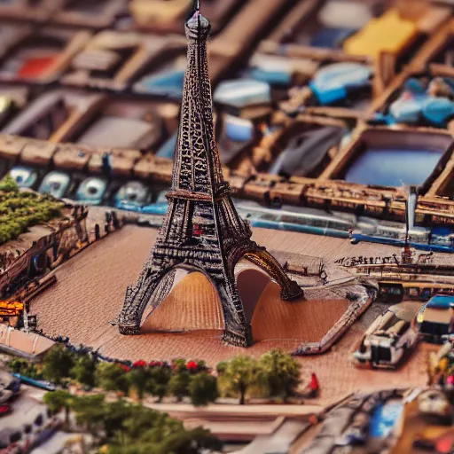 Image similar to a macro photo of a very detailed miniature model of the eiffel tower, close - up, intricately detailed buildings, cars and people, intricately detailed markings, intricate textures, warm lighting, vivid colors, realistic octane render, hyper realistic render, volumetric shading, depth of field, raytracing, 8 k,