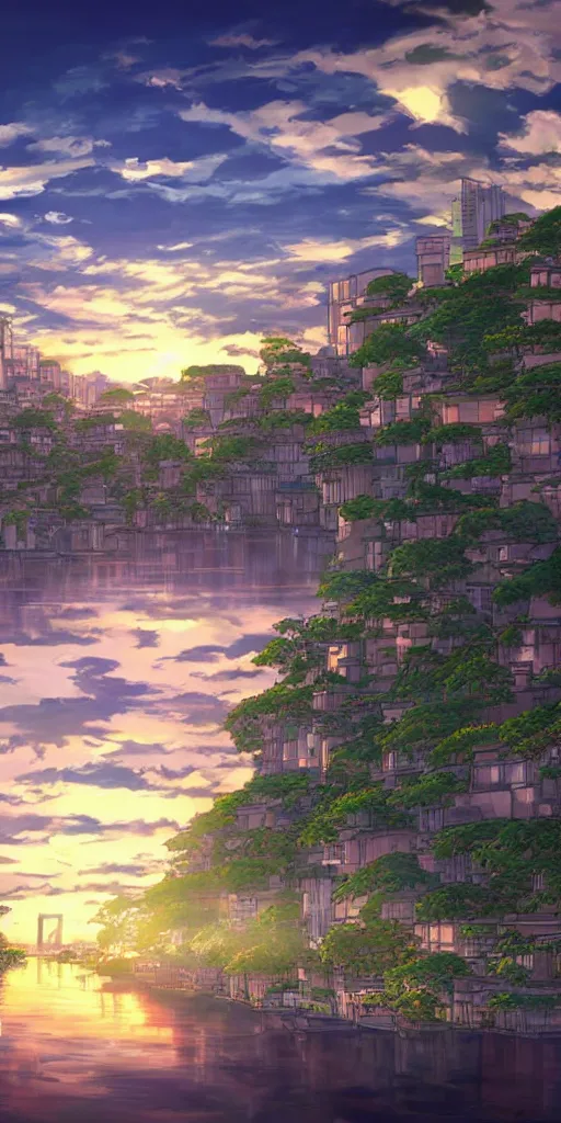 Image similar to a serene digital art of sunset, a metropolis beside the river, by studio ghibli and hayao miyazaki, highly - detailed, anime, unreal engine, deviantart