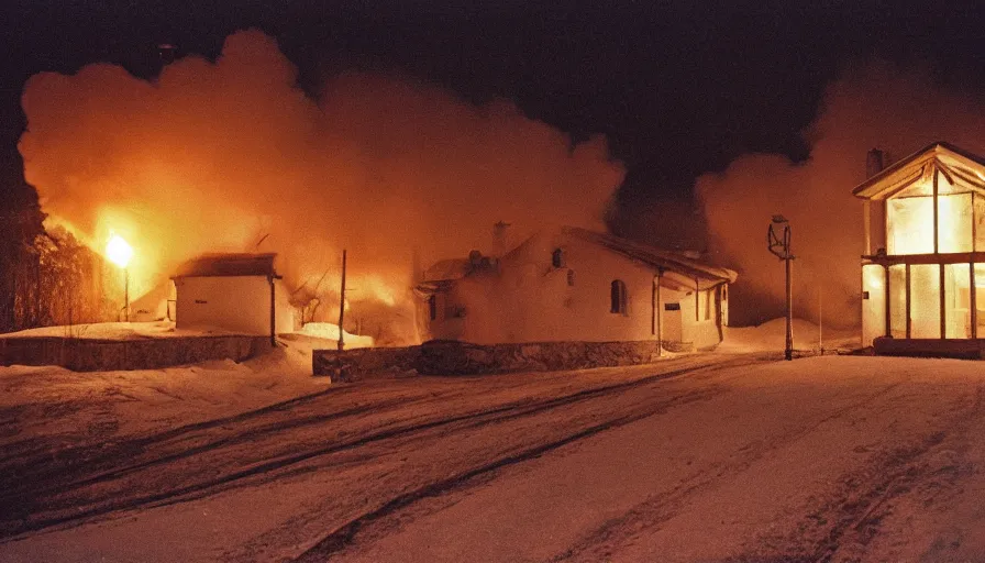 Prompt: 1 9 7 0 s movie still of a heavy burning french style little house in a small northern french village by night in winter, cinestill 8 0 0 t 3 5 mm, heavy grain, high quality, high detail, dramatic light, anamorphic, flares