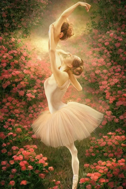 Image similar to stunningly beautiful, prima ballerina in rose garden, symmetrical face, golden hour, smooth, focus, highly detailed, hyper realistic, dramatic lighting, elegant, intricate, concept art, art by wlop, mars ravelo, greg rutowski, artstation