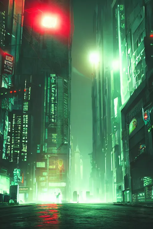 Image similar to City of Horror, glowing red-green fluorescence, cyberpunk, shawl streets, virtual engine, HD, high detail