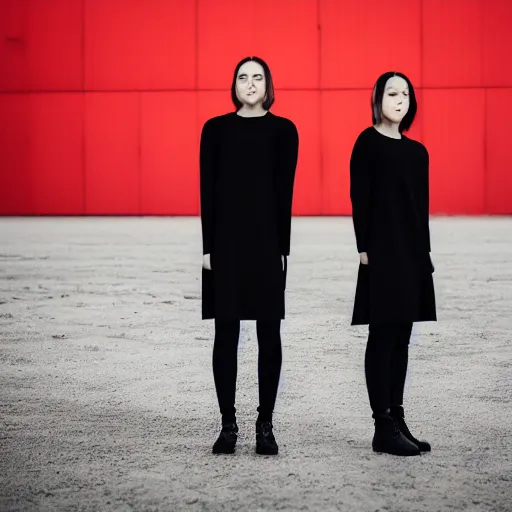 Image similar to photographic portrait of 2 clones in front of a brutalist metal building, 2 techwear women, on a desolate plain, red sky, black oversized clothes, sigma 8 5 mm f / 1. 4, 4 k, depth of field, high resolution, 4 k, 8 k, hd, full color