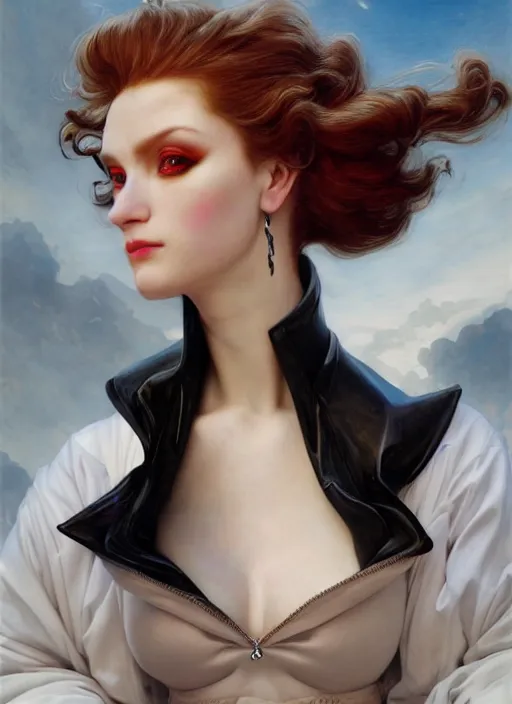 Prompt: diva demon half human, elegant, wearing a bomber jacket, armor, hyper realistic, white horns, extremely detailed, dnd character art portrait, fantasy art,, dramatic lighting, vivid colors, artstation, by edgar maxence and caravaggio and michael whelan and delacroix, lois van baarle and bouguereau