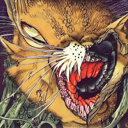 Image similar to vampire cat eating a fish, inside a frame on a tiled wall, frontal picture, by yoichi hatakenaka, masamune shirow, josan gonzales and dan mumford, ayami kojima, takato yamamoto,