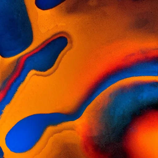 Image similar to an abstract painting of blue, orange, and brown colors, a microscopic photo by jules olitski, featured on behance, generative art, uhd image, fractalism, painterly, refik anadol, media art, media facde, motion graphic, particles, fluids, 3 d, rendering, octane, c 4 d