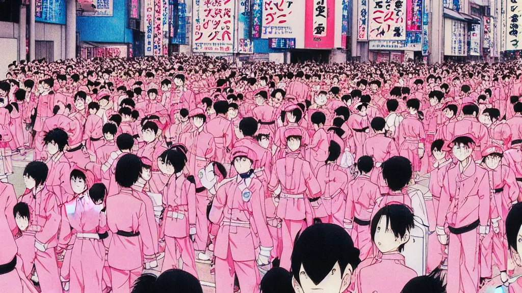 Image similar to manga drawing of a parade on the streets Tokyo everyone is dressed in pink and wearing pig masks, film still from the an anime directed by Katsuhiro Otomo with art direction by Salvador Dalí, wide lens