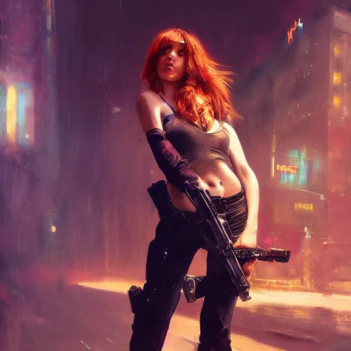 Prompt: bella thorne with gun, hyperrealistic full figure, bladerunner street alley, art of elysium by frank frazetta and by jeremy mann, fantasy art, photo realistic, dynamic lighting, artstation, full figure poster, volumetric lighting, very detailed face, 4 k, award winning