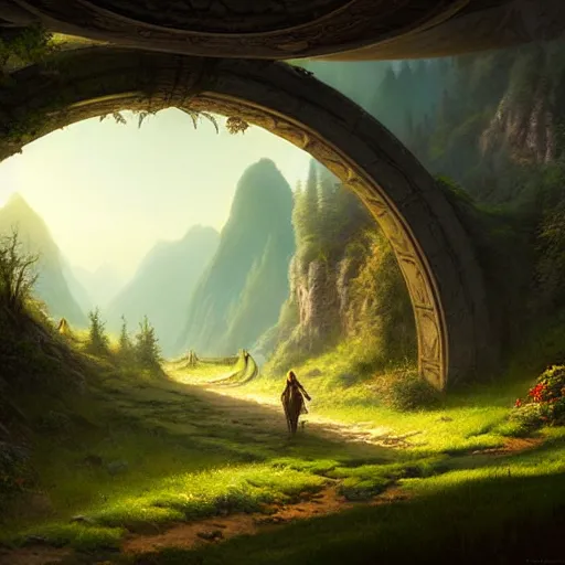 Prompt: beautiful matte painting by arthur gurin concept art of archway fantasy path into the mountainous sloping meadow and slightly forested background void of people, atmospheric lighting, painted, intricate, volumetric lighting, beautiful, rich deep colors masterpiece, sharp focus, ultra detailed by