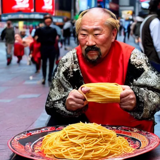 Prompt: genghis khan eating spaghetti on the times square