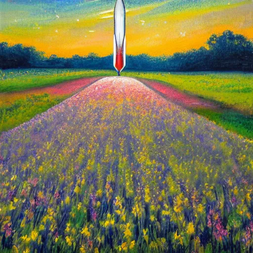 Image similar to spacex starship rocket landing in a field of flowers at sunset, impressionist painting