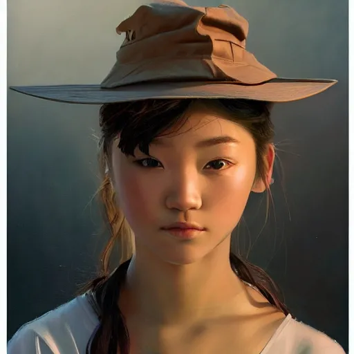 Prompt: oil painting by ilya kuvshinov,, baugh casey, artgerm craig mullins, leyendecker, of a youthful japanese girl, long hair, fishing and wearing fisherman's outfit, fisherman's hat, highly detailed, breathtaking face, studio photography, noon, intense bounced light, water reflection, large tree casting shadow, serine intense sunlight