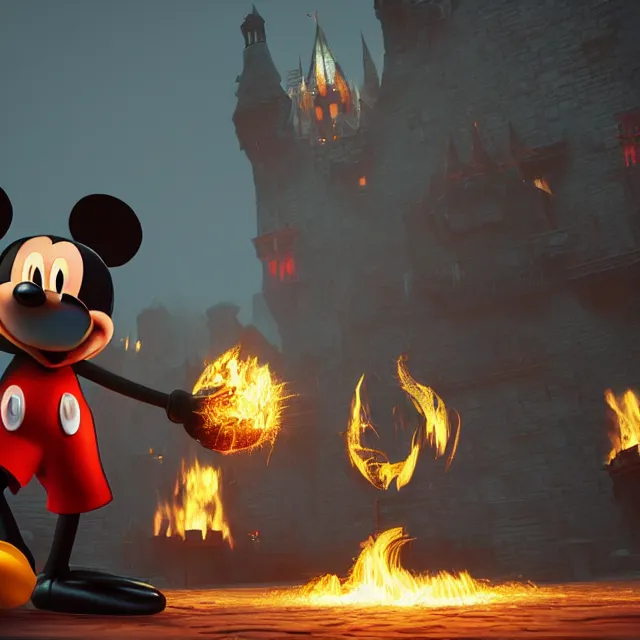 Prompt: mickey mouse reimagined as a boss in dark souls, dark cinematic, volumetric, realistic, cinematic lighting, ray tracing, unreal engine 5, unreal engine render, octane render, hyper realistic, photo, 8 k