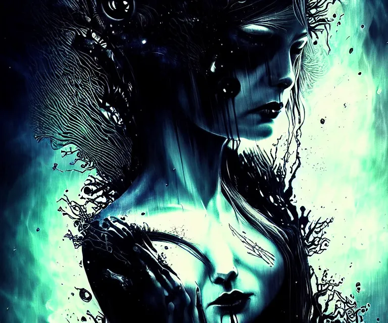 Prompt: stunning otherworldly gothic goddess of freewill, dark and mysterious, atmospheric, ominous, eerie, cinematic, epic, 8 k, ultra detail, ultra realistic, rendered by awesomeness. | nights falling wind is blowwing snow is pilling concept art in style of carne griffiths artwork by xsullo. | backround by elson, peter kemp, peter