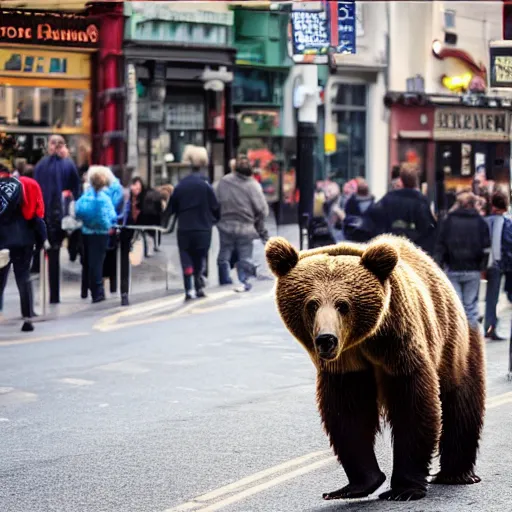 Prompt: brown bear chasing tourist on O'Connell street, Dublin city, hidden camera, photograph, 8k