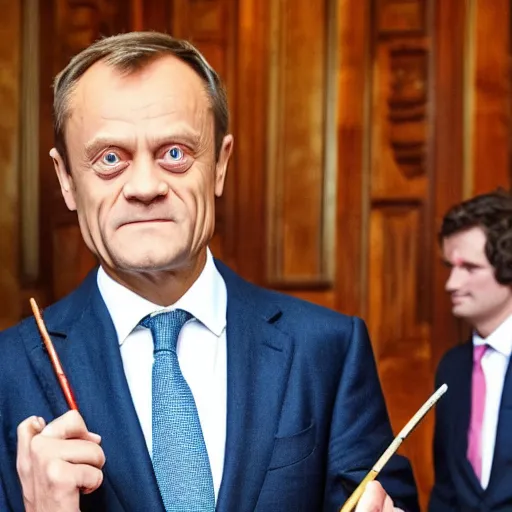 Image similar to donald tusk with wand in hand dressed like harry potter forehead scar magic