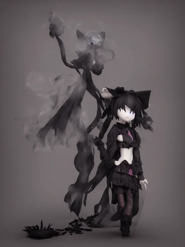 Prompt: cute fumo plush of a gothic maiden girl who is composed of shadows, shadowcreature, wisps of volumetric smoke surrounding, long dark tattered umbra, vray