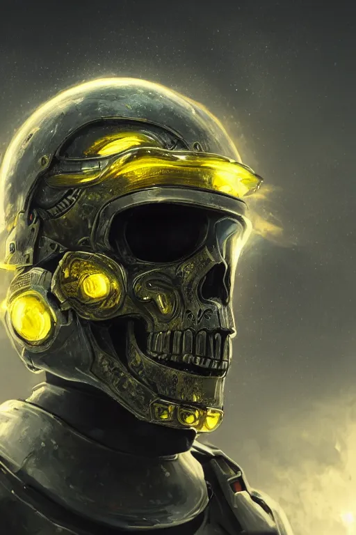 Prompt: ultra realist and ultra intricate detailed soft painting of a beautiful sci-fi armored male, helmet with holographic yellow skull over face, symmetry features, sensual gloomy style, volumetric clouds, cyberpunk burning building background, artstation, unreal render, depth of field