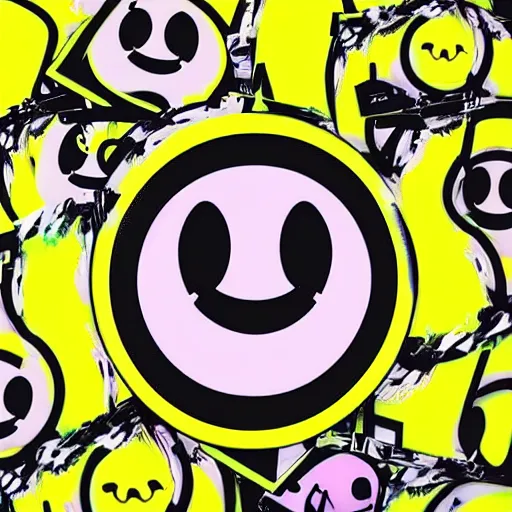 Image similar to acid house rave flyer, poster, smiley face, florescent yellow and black