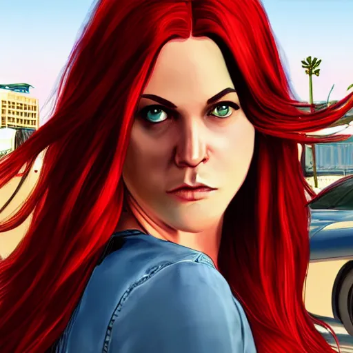 Prompt: gta 5 game style red hair girl with long hair as the protagonist in the game