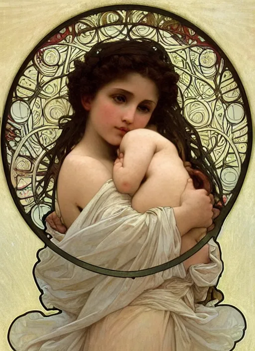 Image similar to portrait of a beautiful angel, intricate, elegant, highly detailed by alphonse mucha and william - adolphe bouguereau