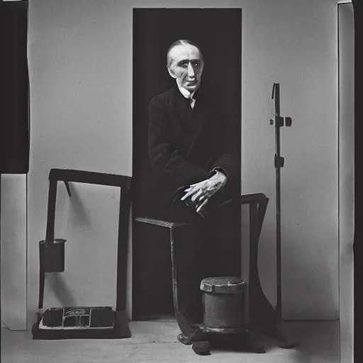 Image similar to underexposed photo of Marcel Duchamp in a room full with an ancient machine, tri-x, Irving Penn, Jeff Wall, archival pigment print, contemporary art