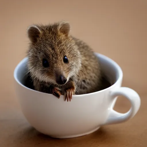 Prompt: baby quokka in a teacup, photography, minimalistic, 8 k