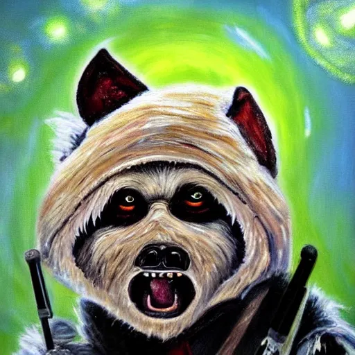 Prompt: a very high detailed painting of teek of the ewoks strar wars, small furry white creatures with pointed ears and glowing black eyes. Also, they had big teeth They like everything shiny and will do anything to get it