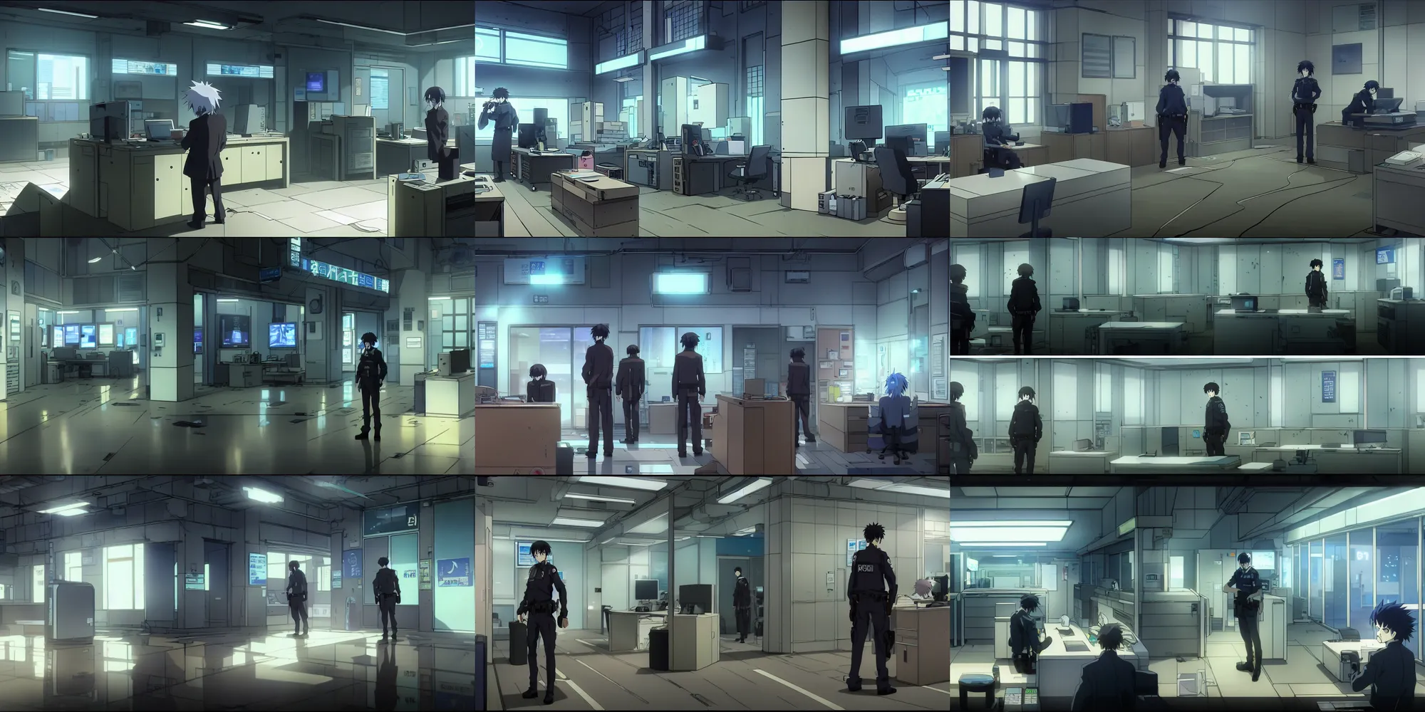 Prompt: an after hours cyberpunk police office with no people in a quiet quiet quiet shop in the cyberpunk anime film, Shichiro Kobayashi, screenshot in the anime series ergo proxy and death note, interior