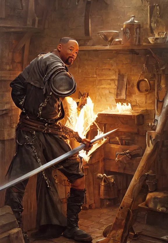 Image similar to hyper realistic will smith as a blacksmith making a sword painting by karl kopinski kim jung giu and weta studio, and lucasfilm and jesper ejsing and norman rockwell greg rutkowski frank frazzeta