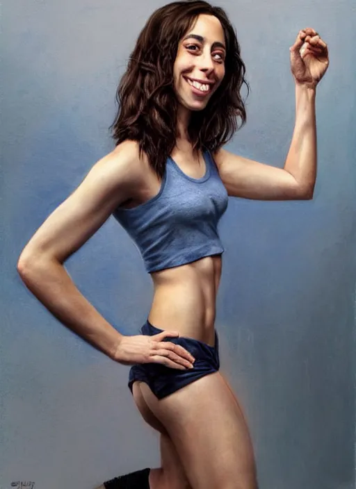 Image similar to full length photo of an smiling Oona Chaplin in a tanktop in the style of stefan kostic, not realistic, sharp focus, 8k high definition, insanely detailed, intricate, elegant, art by stanley lau and artgerm