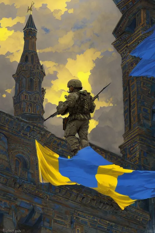 Image similar to special forces soldier installin ukrainian blue and yellow flag on red square kremlin, masculine figure, d & d, fantasy, bright atmosphere, volumetric lights, intricate, elegant, extremely detailed, digital painting, artstation, concept art, matte, smooth, sharp focus, hyper realistic, illustration, art by artgerm and greg rutkowski and alphonse mucha